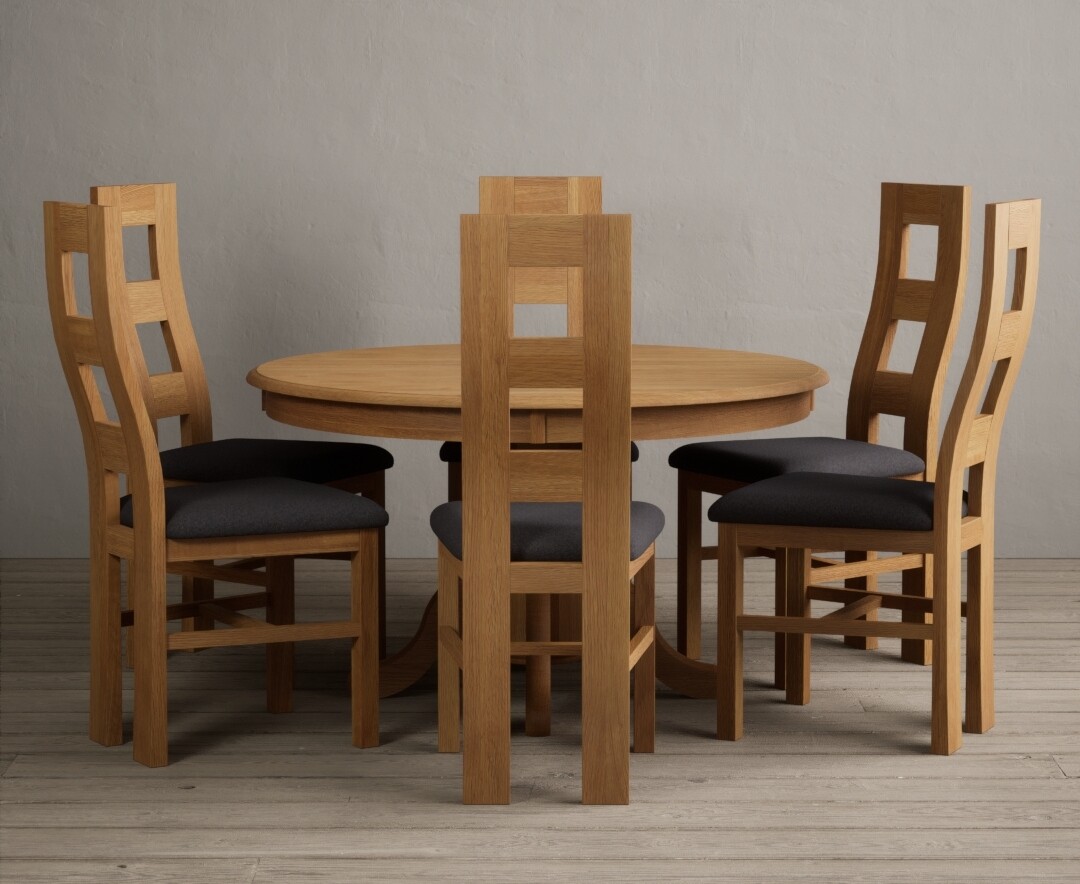 Product photograph of Hertford 120cm Fixed Top Solid Oak Round Pedestal Table With 4 Charcoal Grey Flow Back Chairs from Oak Furniture Superstore