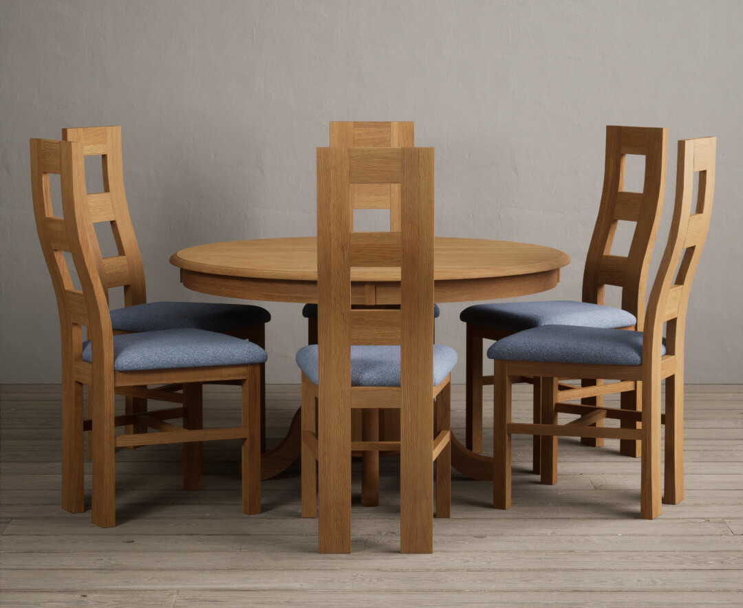 Product photograph of Hertford 120cm Fixed Top Solid Oak Round Pedestal Table With 6 Blue Flow Back Chairs from Oak Furniture Superstore