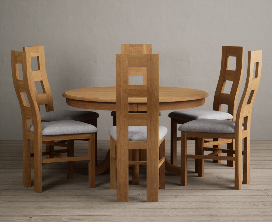 Product photograph of Hertford 120cm Fixed Top Solid Oak Round Pedestal Table With 6 Light Grey Flow Back Chairs from Oak Furniture Superstore