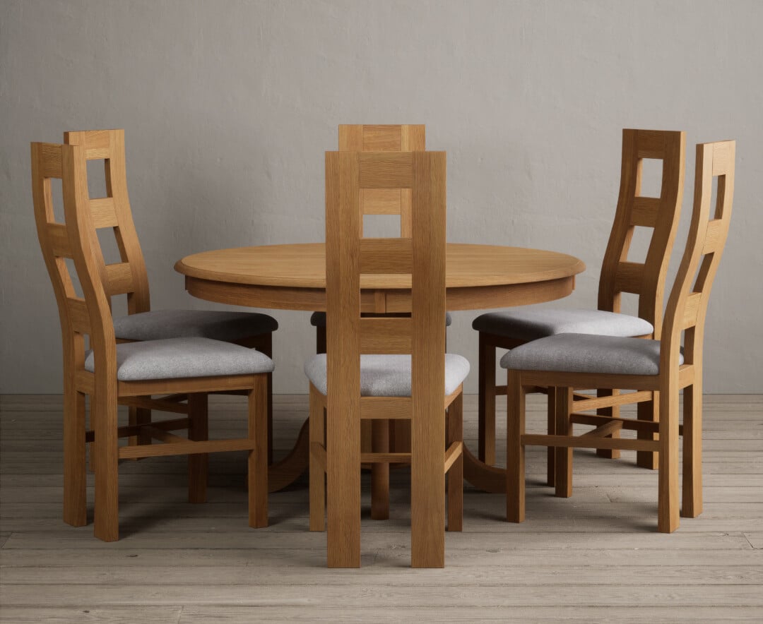 Product photograph of Hertford 120cm Fixed Top Solid Oak Round Pedestal Table With 4 Light Grey Flow Back Chairs from Oak Furniture Superstore