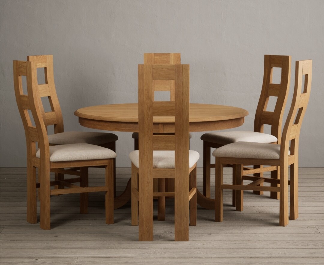 Product photograph of Hertford 120cm Fixed Top Solid Oak Round Pedestal Table With 6 Linen Flow Back Chairs from Oak Furniture Superstore