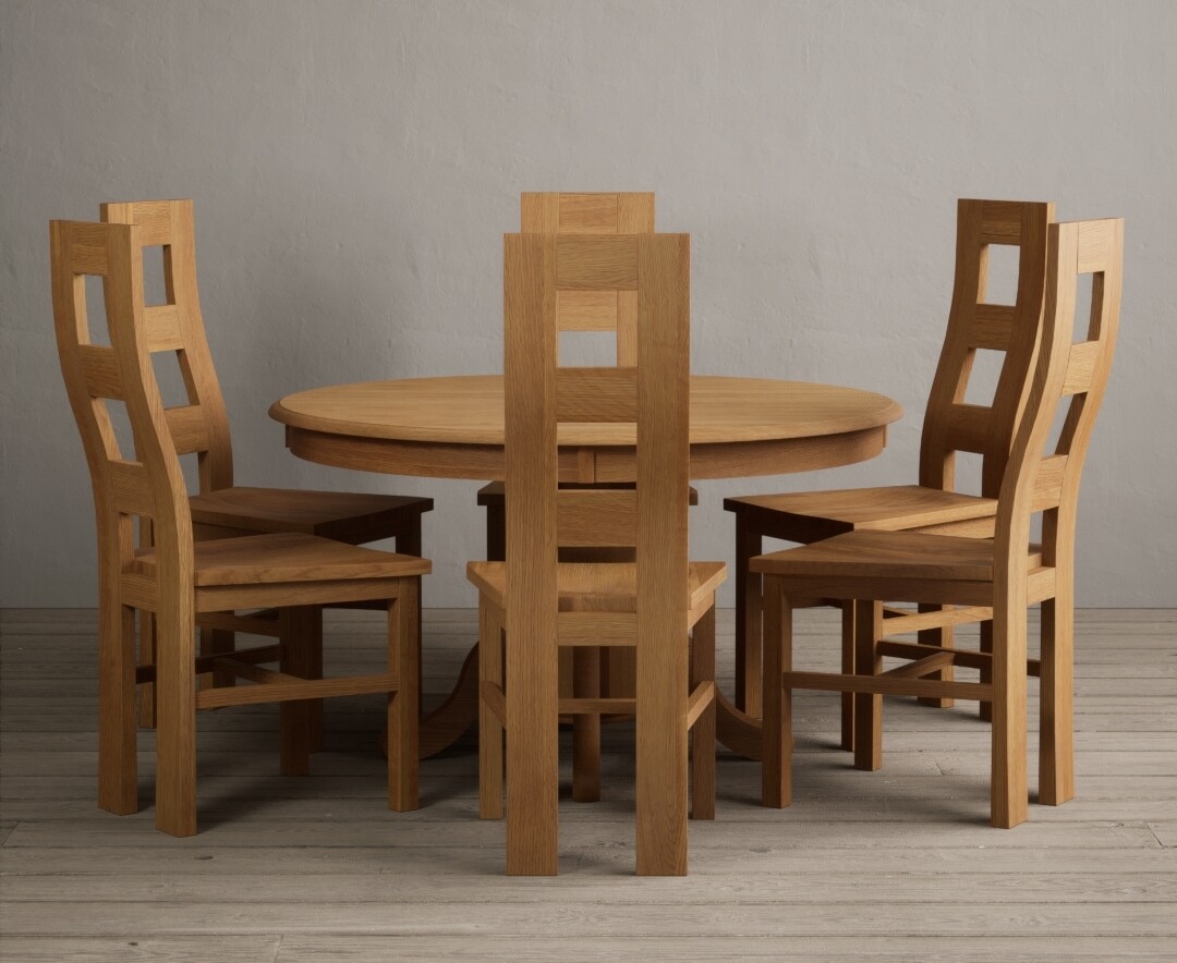Product photograph of Hertford 120cm Fixed Top Solid Oak Round Pedestal Table With 6 Oak Flow Back Chairs from Oak Furniture Superstore