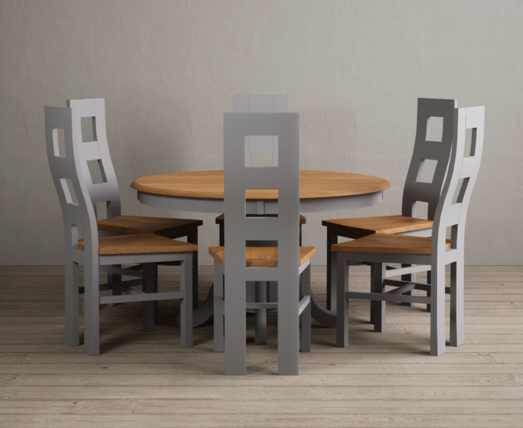 Product photograph of Hertford 120cm Fixed Top Oak And Light Grey Painted Dining Table With 4 Blue Natural Chairs from Oak Furniture Superstore