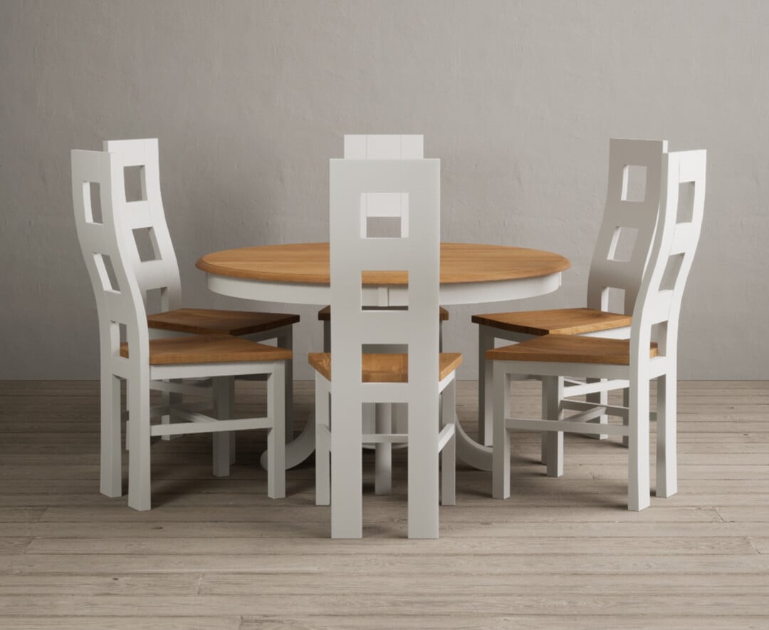 Product photograph of Hertford 120cm Fixed Top Oak And Signal White Painted Dining Table With 4 Charcoal Grey Natural Chairs from Oak Furniture Superstore