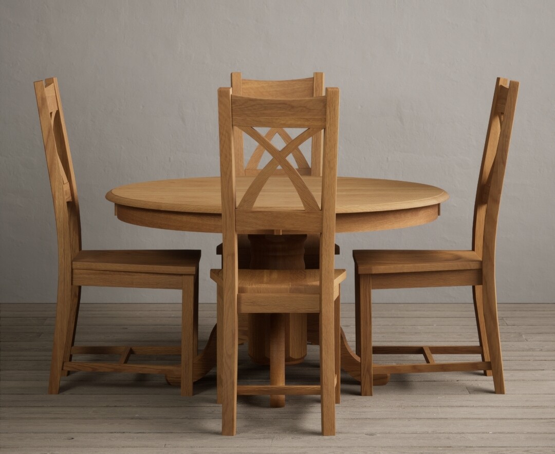 Product photograph of Hertford 120cm Fixed Top Solid Oak Round Pedestal Table With 4 Oak X Back Chairs from Oak Furniture Superstore