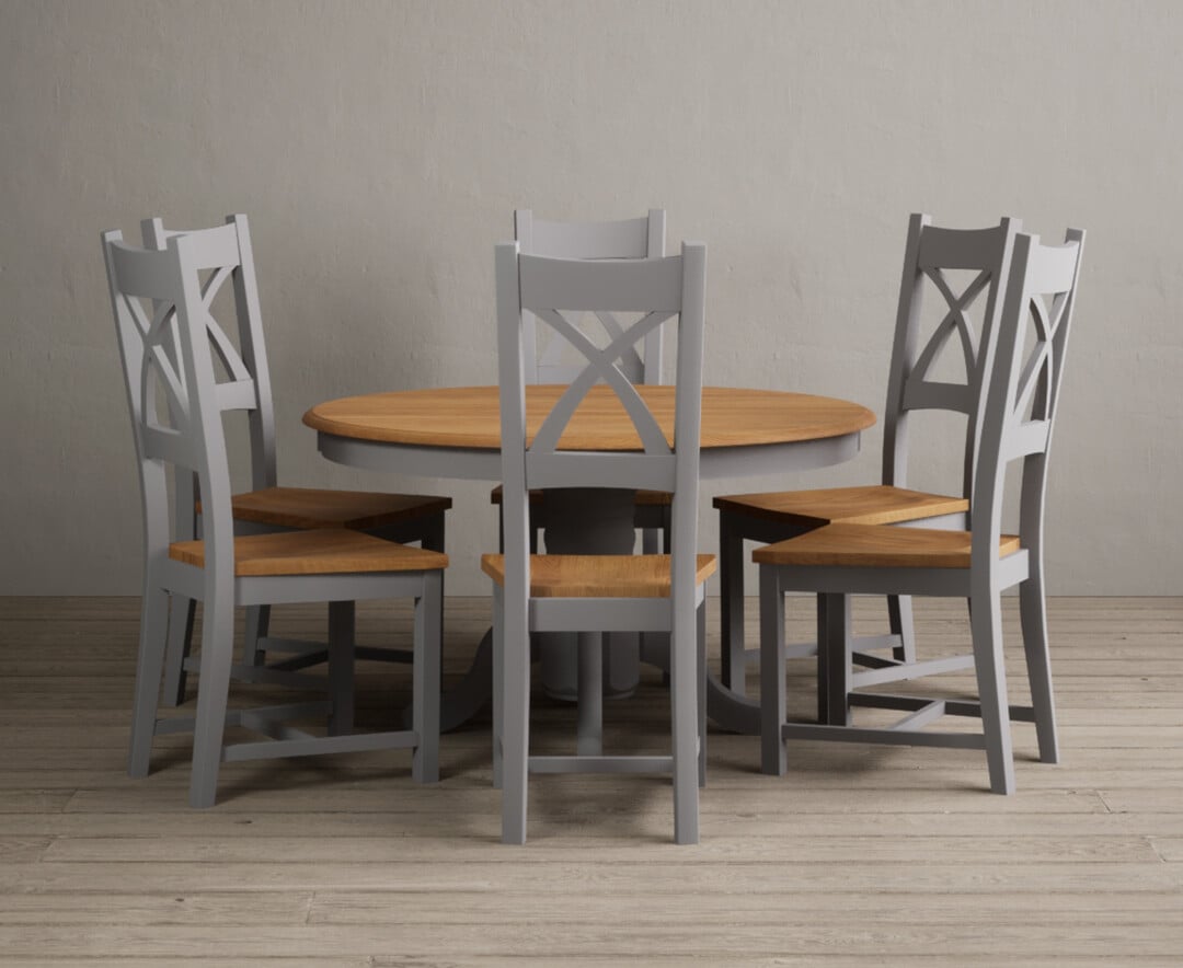 Product photograph of Hertford 120cm Fixed Top Oak And Light Grey Painted Dining Table With 4 Linen Natural Solid Oak Chairs from Oak Furniture Superstore