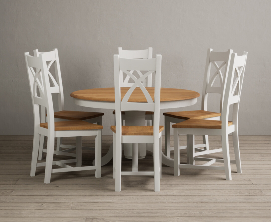 Product photograph of Extending Hertford 100cm - 130cm Oak And Signal White Painted Pedestal Dining Table With 4 Linen Natural Solid Oak Chairs from Oak Furniture Superstore