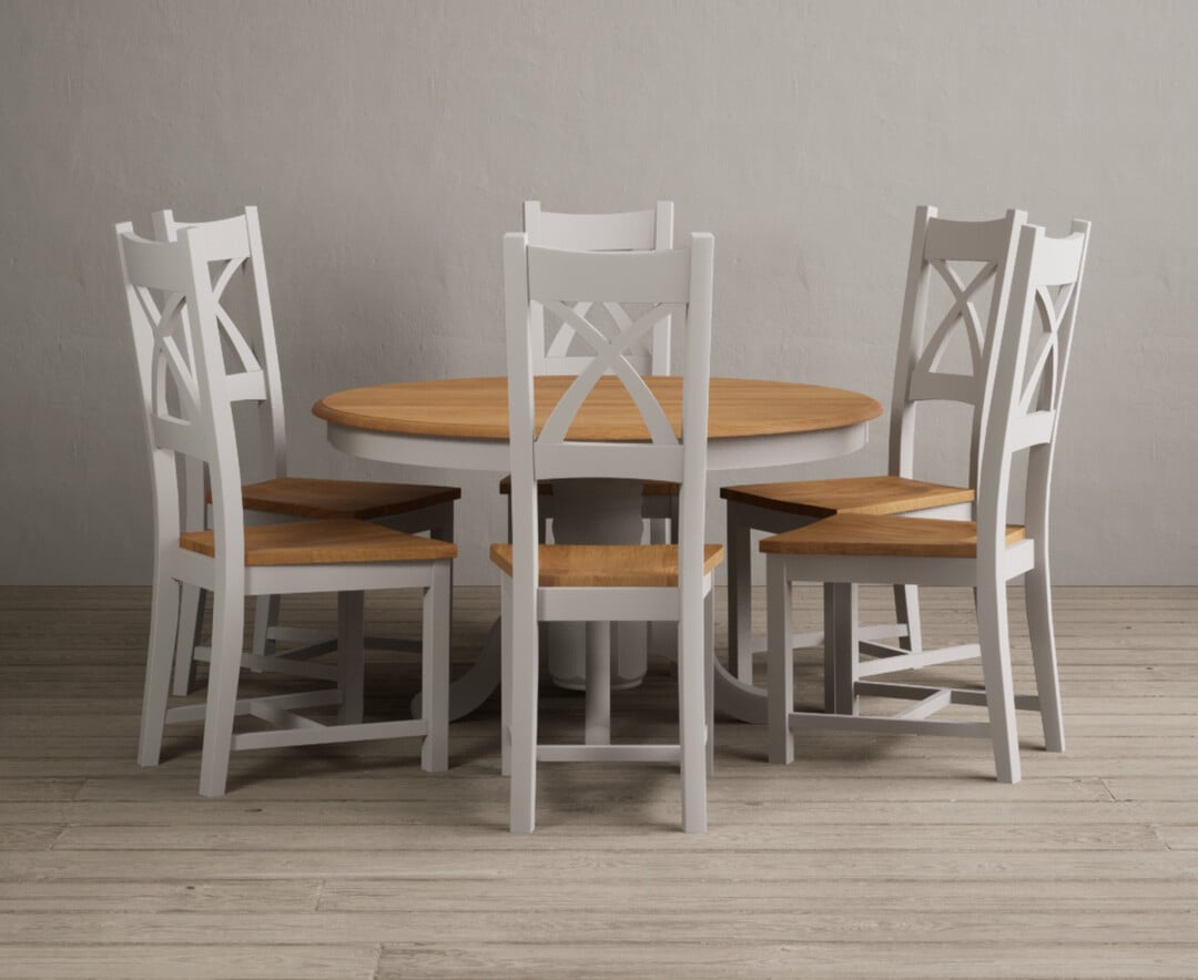 Hertford 120cm Fixed Top Oak And Soft White Painted Dining Table With 4 Light Grey Painted Chairs