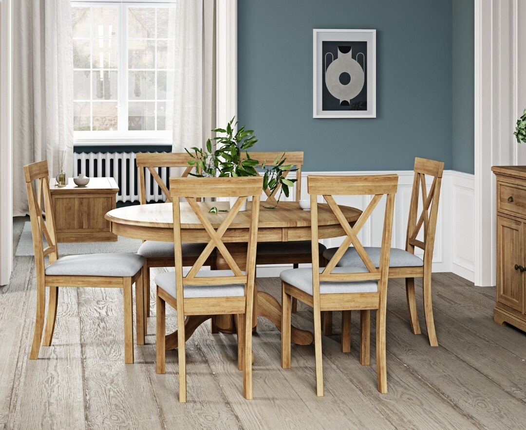 Product photograph of Extending Hertford 100cm - 130cm Solid Oak Pedestal Dining Table With 6 Linen Hertford Chairs from Oak Furniture Superstore