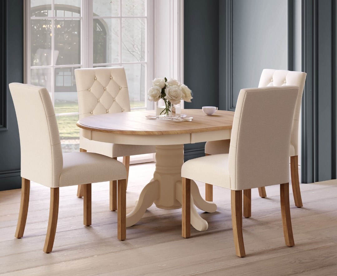 Product photograph of Extending Hertford 100cm - 130cm Oak And Cream Painted Pedestal Dining Table With 6 Natural Isabella Chairs from Oak Furniture Superstore
