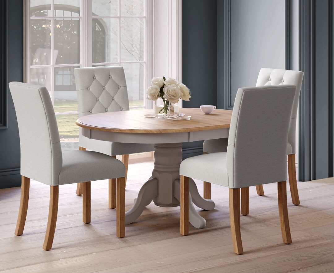 Extending Hertford 100cm 130cm Oak And Light Grey Painted Pedestal Dining Table With 4 Natural Isabella Chairs