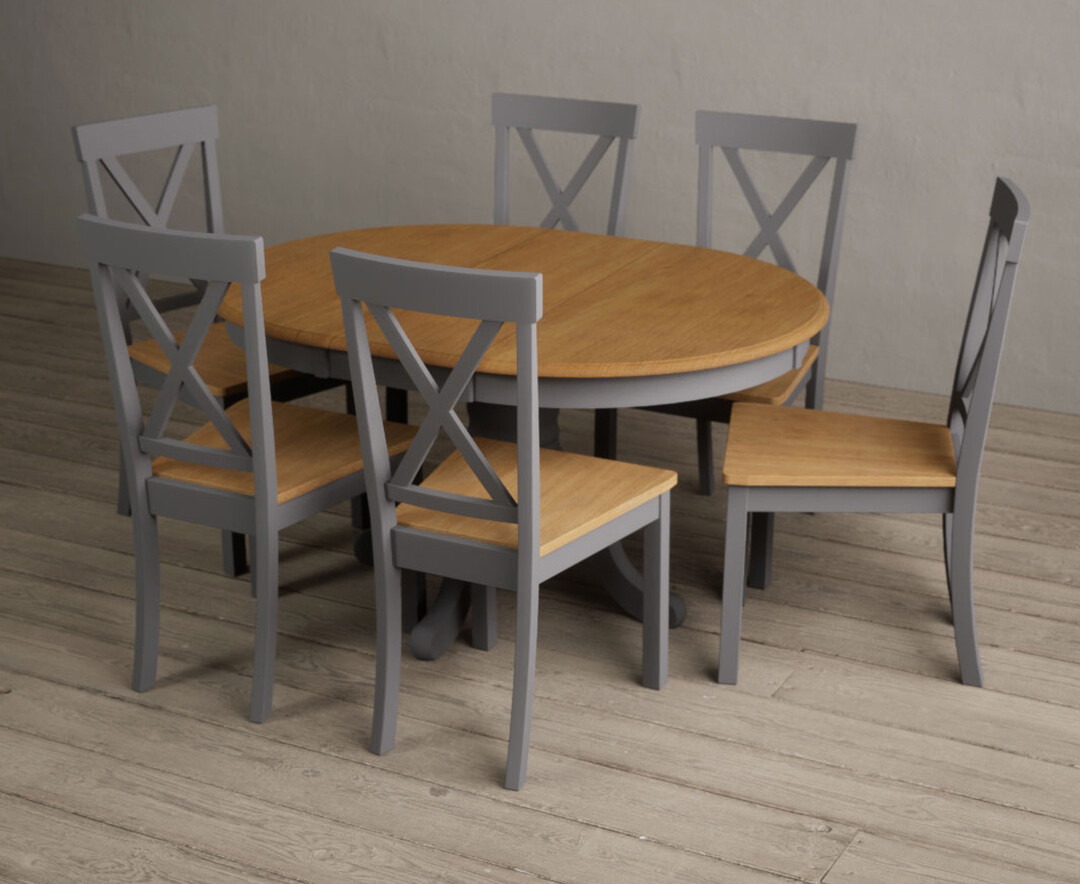 Product photograph of Extending Hertford Oak And Mid Grey Painted Pedestal Dining Table With 4 Blue Hertford Chairs from Oak Furniture Superstore