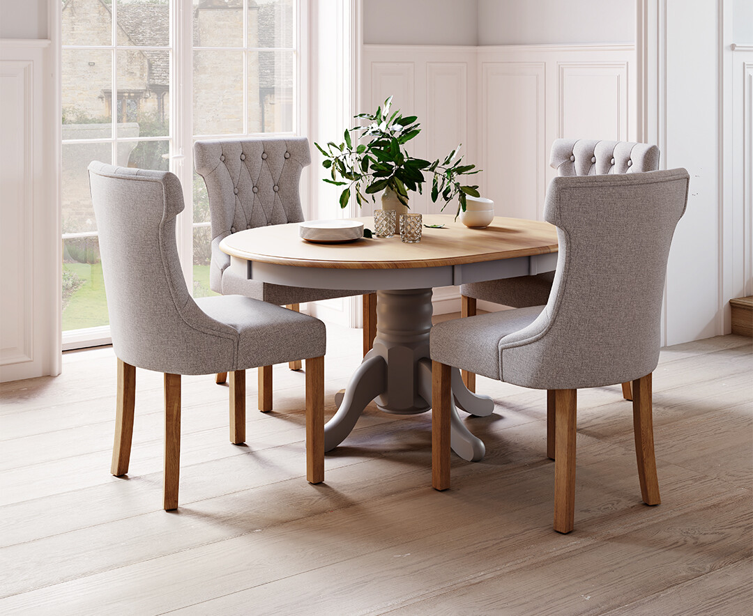 Product photograph of Extending Hertford 100cm - 130cm Oak And Light Grey Painted Pedestal Dining Table With 6 Grey Clara Chairs from Oak Furniture Superstore