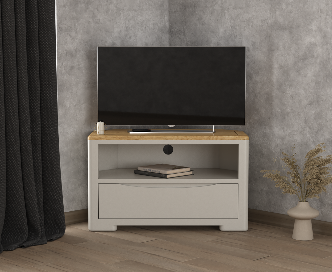 Product photograph of Alba Oak And Soft White Painted Corner Tv Cabinet from Oak Furniture Superstore