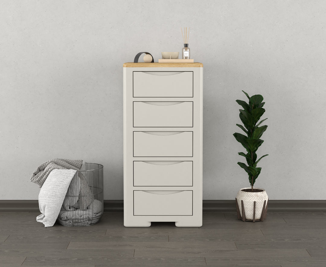 Product photograph of Alba Oak And Soft White Painted 5 Drawer Tallboy from Oak Furniture Superstore