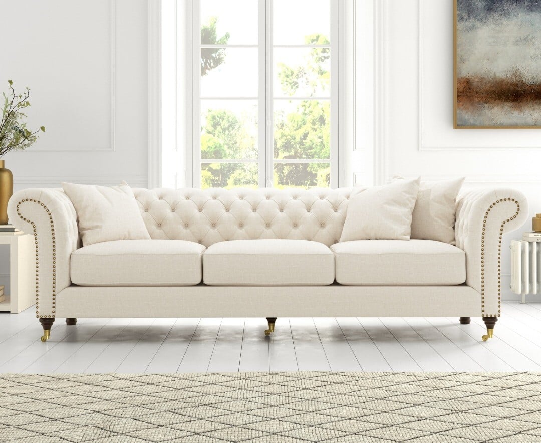 Product photograph of Kensington Chesterfield Ivory Linen 3 Seater Sofa from Oak Furniture Superstore