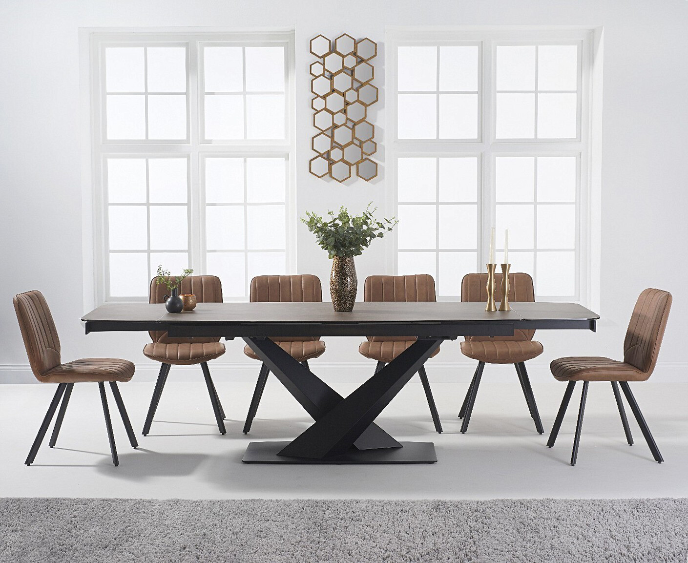 Product photograph of Extending Jacob 180cm Mink Ceramic Dining Table With 6 Grey Hendrick Chairs from Oak Furniture Superstore