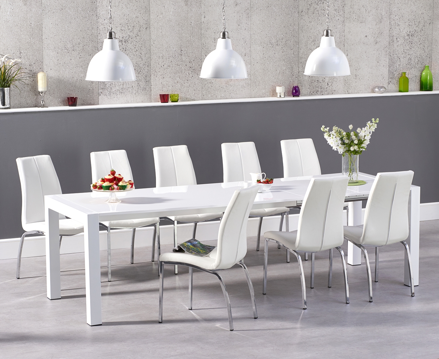 Extending Cleveland White High Gloss Dining Table With 8 Grey Marco Chairs