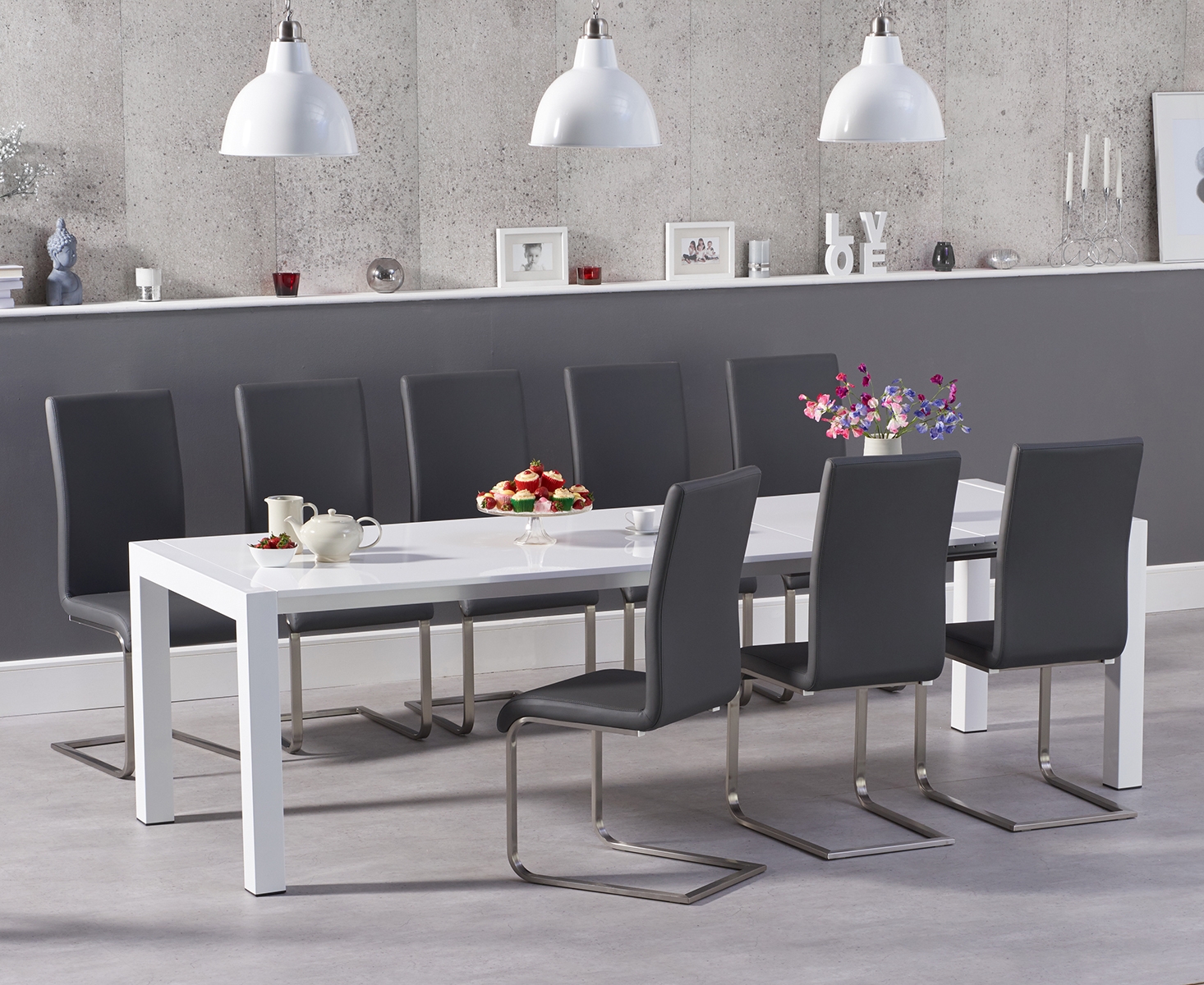 Extending Cleveland White High Gloss Dining Table With 12 White Austin Chairs