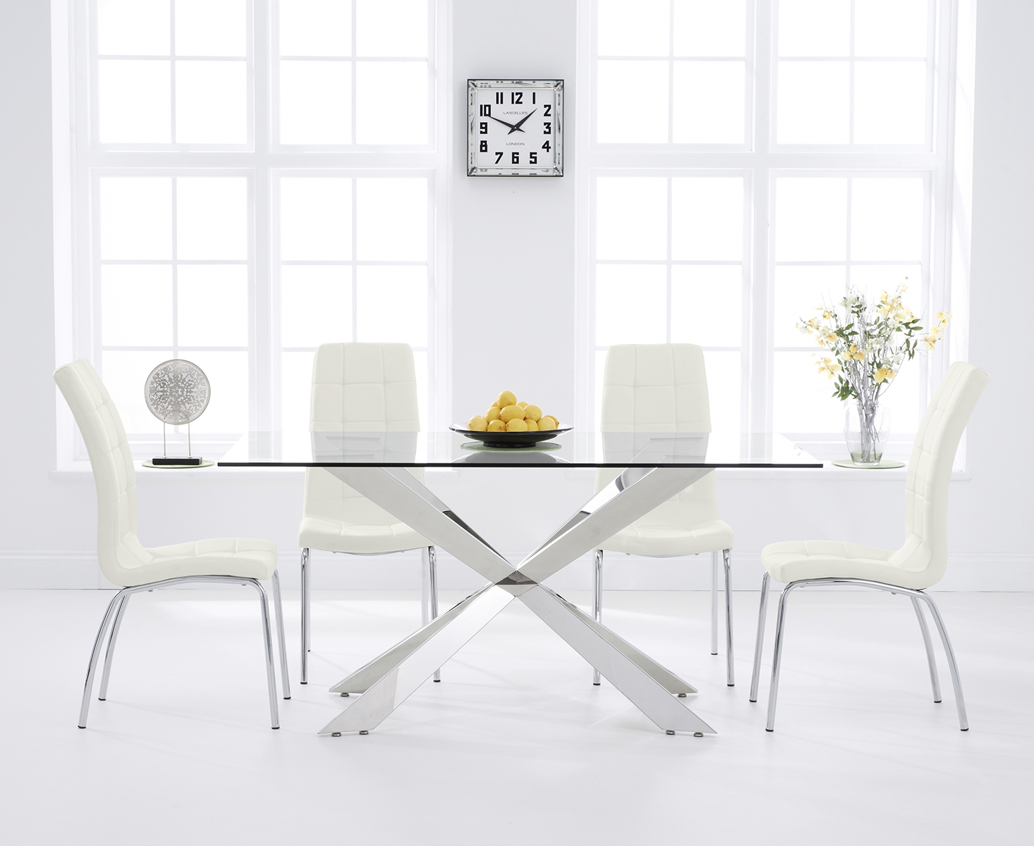 Photo 3 of Juniper 160cm glass dining table with 8 white enzo chairs