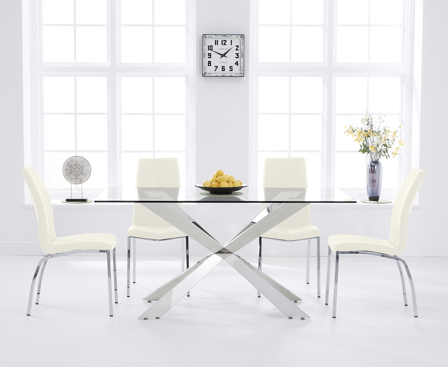 Product photograph of Juniper 160cm Glass Dining Table With 6 Ivory White Marco Chairs from Oak Furniture Superstore