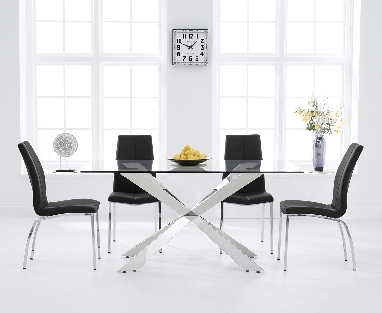 Juniper 160cm Glass Dining Table With 6 Black Marco Chairs