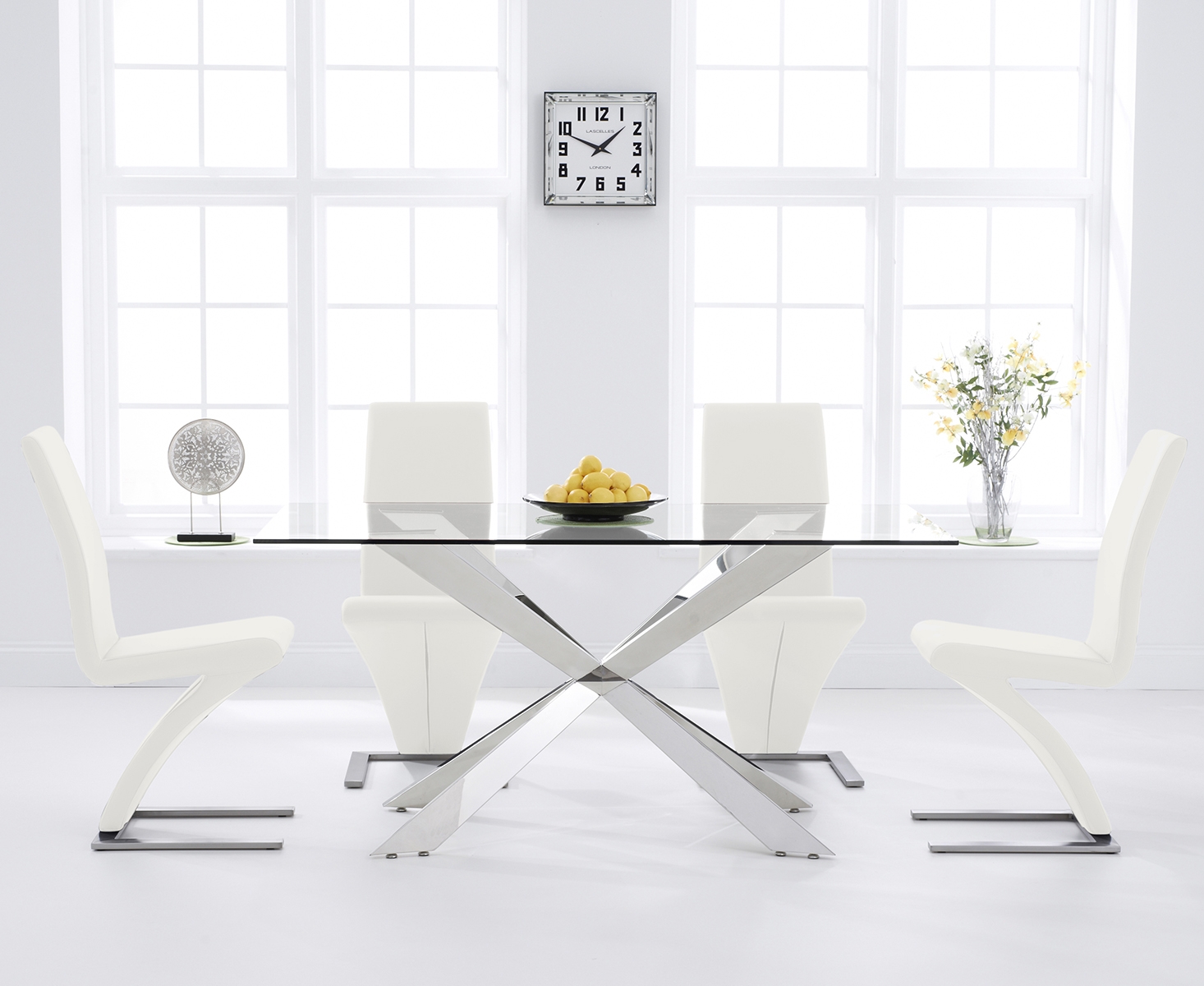 Product photograph of Juniper 160cm Glass Dining Table With 8 White Aldo Chairs from Oak Furniture Superstore