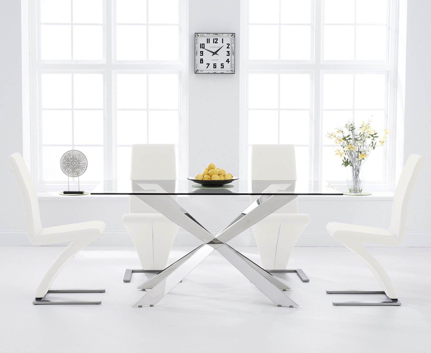 Juniper 160cm Glass Dining Table With 8 White Aldo Chairs