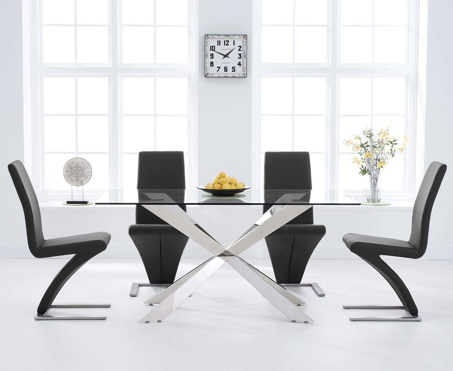Product photograph of Juniper 160cm Glass Dining Table With 8 Grey Aldo Chairs from Oak Furniture Superstore