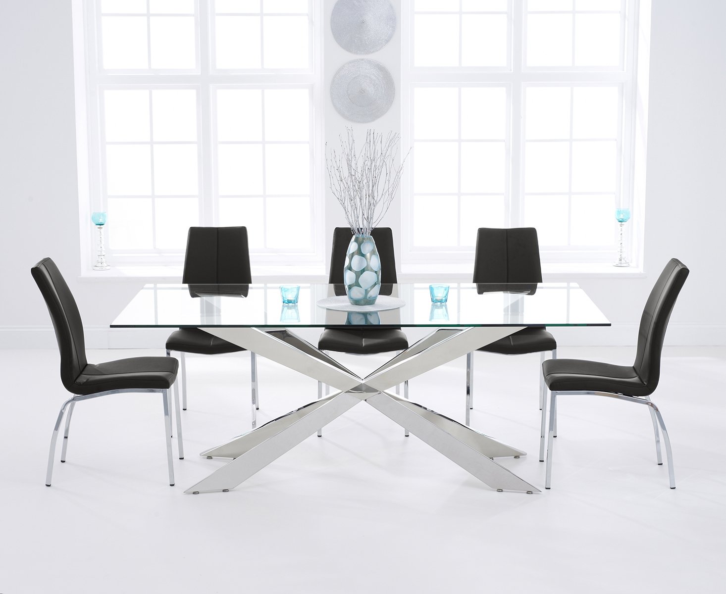 Canova 200cm Glass Dining Table With 6 White Marco Chairs