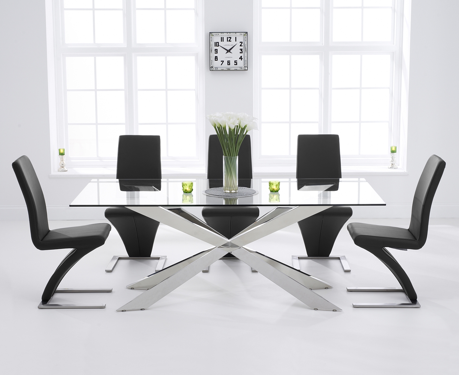Product photograph of Canova 200cm Glass Dining Table With 8 Grey Aldo Chairs from Oak Furniture Superstore