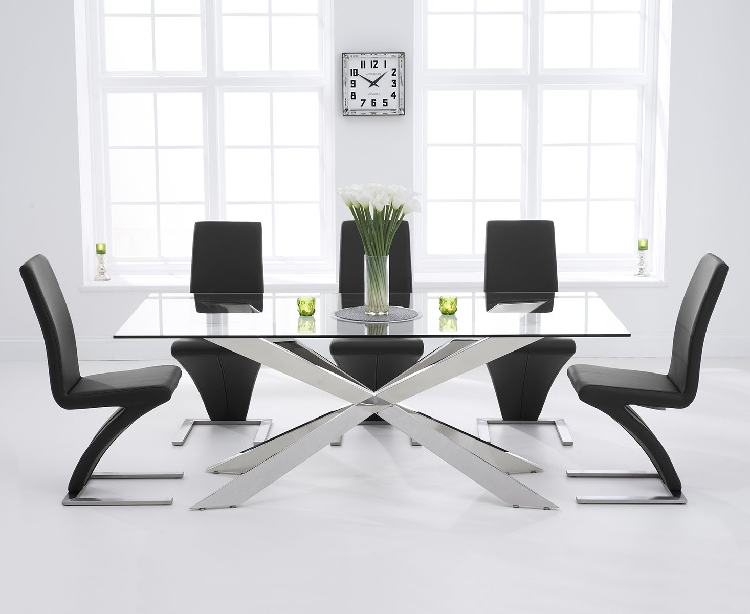 Product photograph of Canova 200cm Glass Dining Table With 10 Grey Aldo Chairs from Oak Furniture Superstore