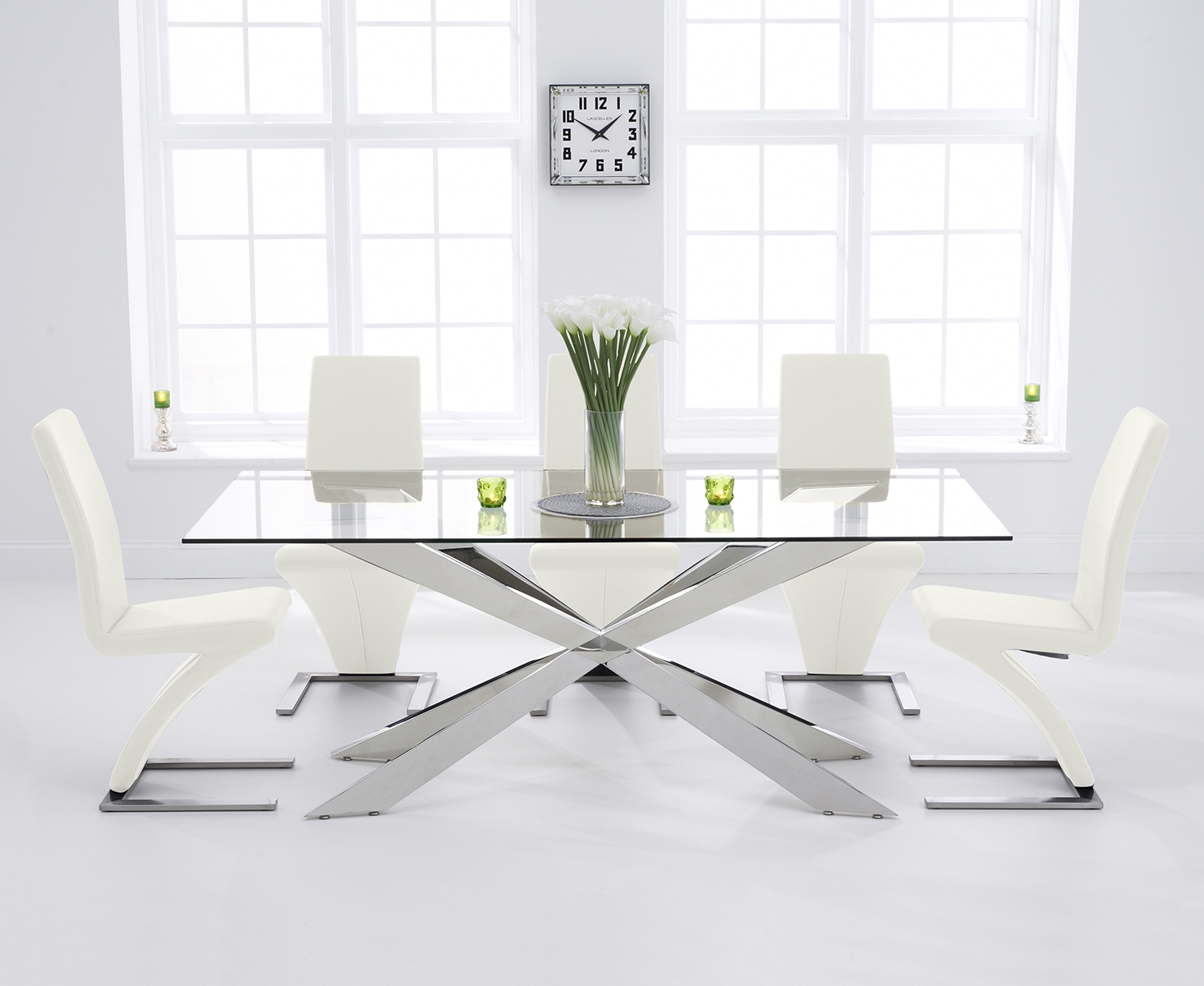 Product photograph of Canova 200cm Glass Dining Table With 8 White Aldo Chairs from Oak Furniture Superstore