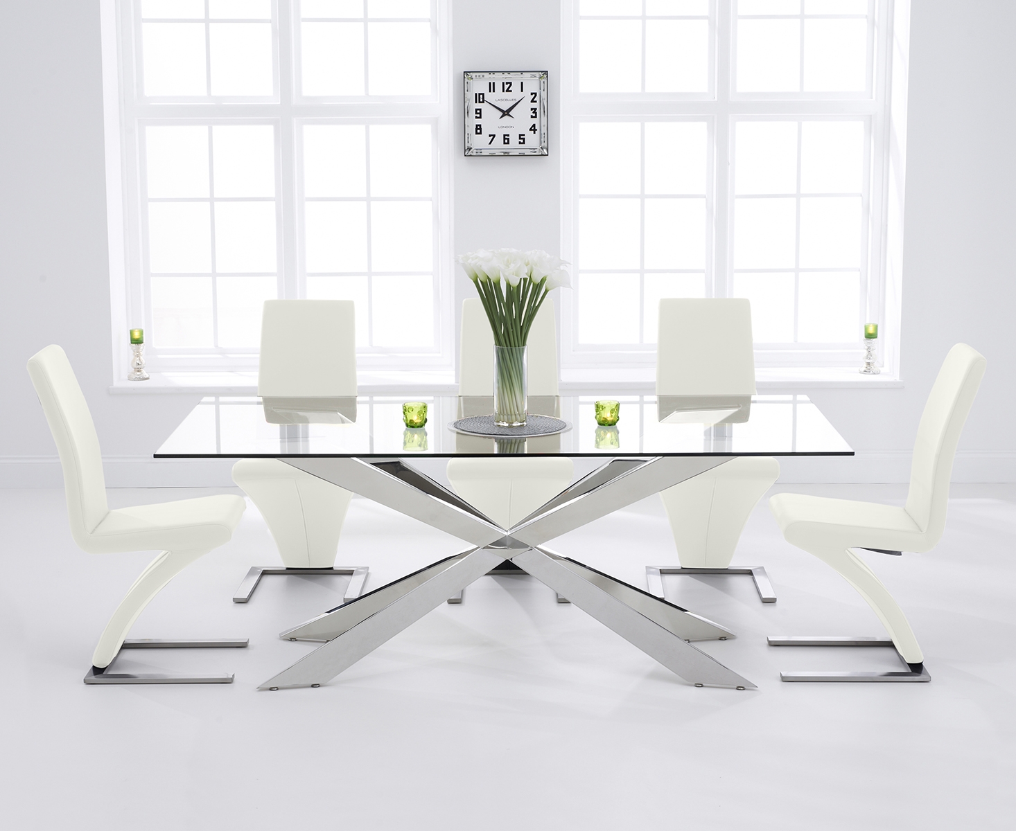 Juniper 200cm Glass Dining Table With 8 White Aldo Chairs