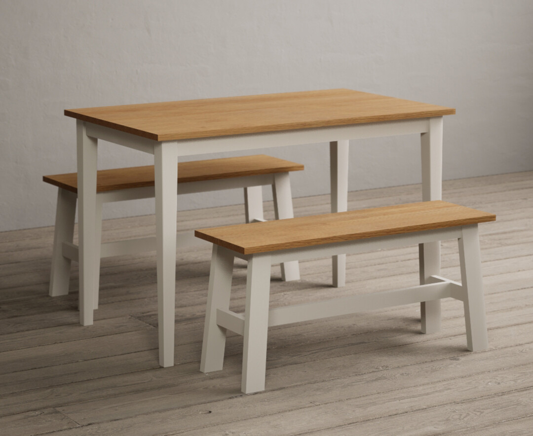 Product photograph of Kendal 115cm Solid Oak And Cream Painted Dining Table With 2 Kendal Benches from Oak Furniture Superstore.