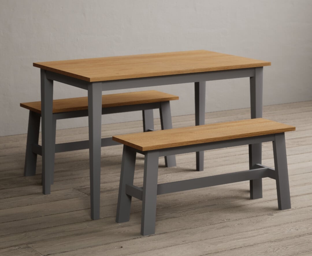 Product photograph of Kendal 115cm Solid Oak And Light Grey Painted Dining Table With 2 Grey Benches from Oak Furniture Superstore