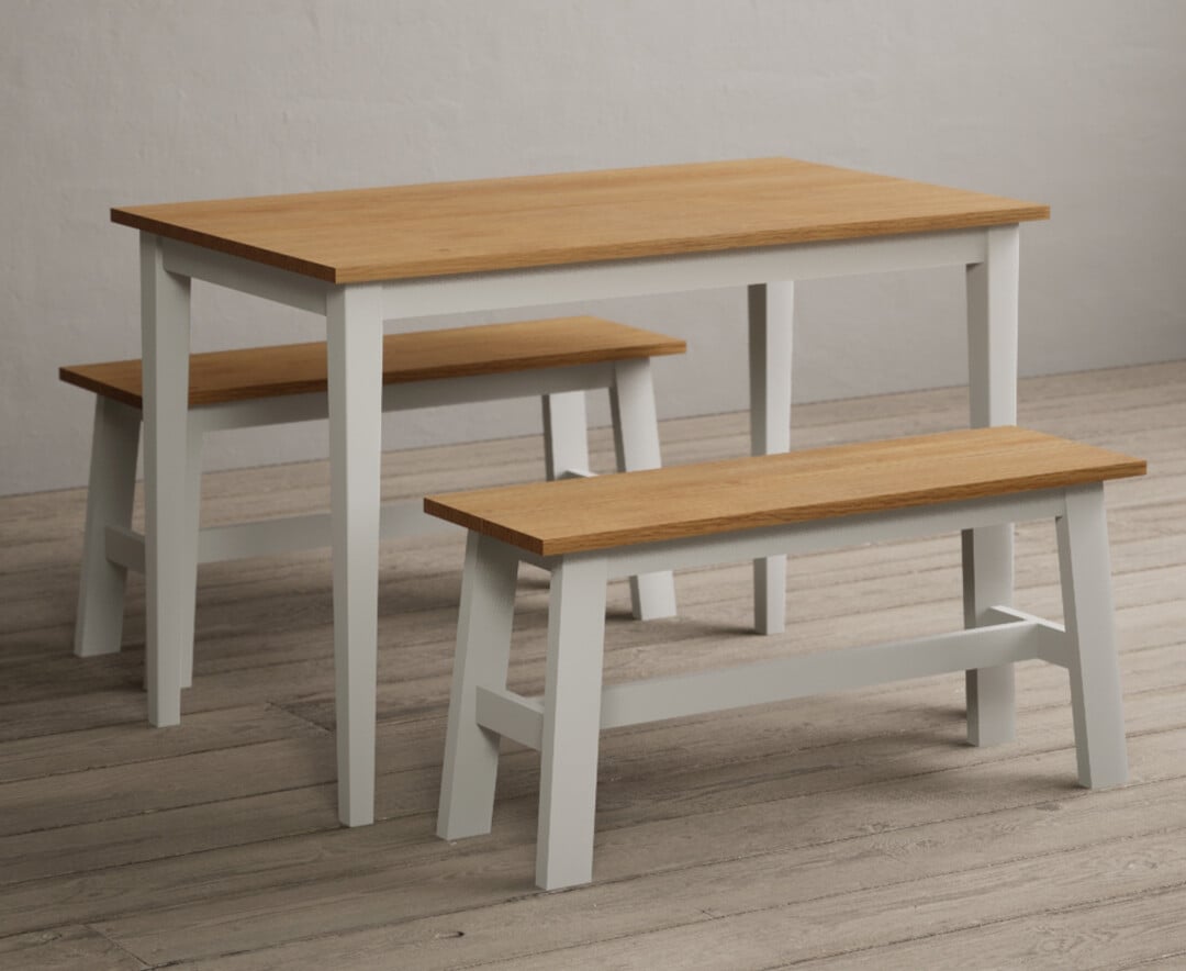 Product photograph of Kendal 115cm Solid Oak And Signal White Painted Dining Table With 2 White Benches from Oak Furniture Superstore
