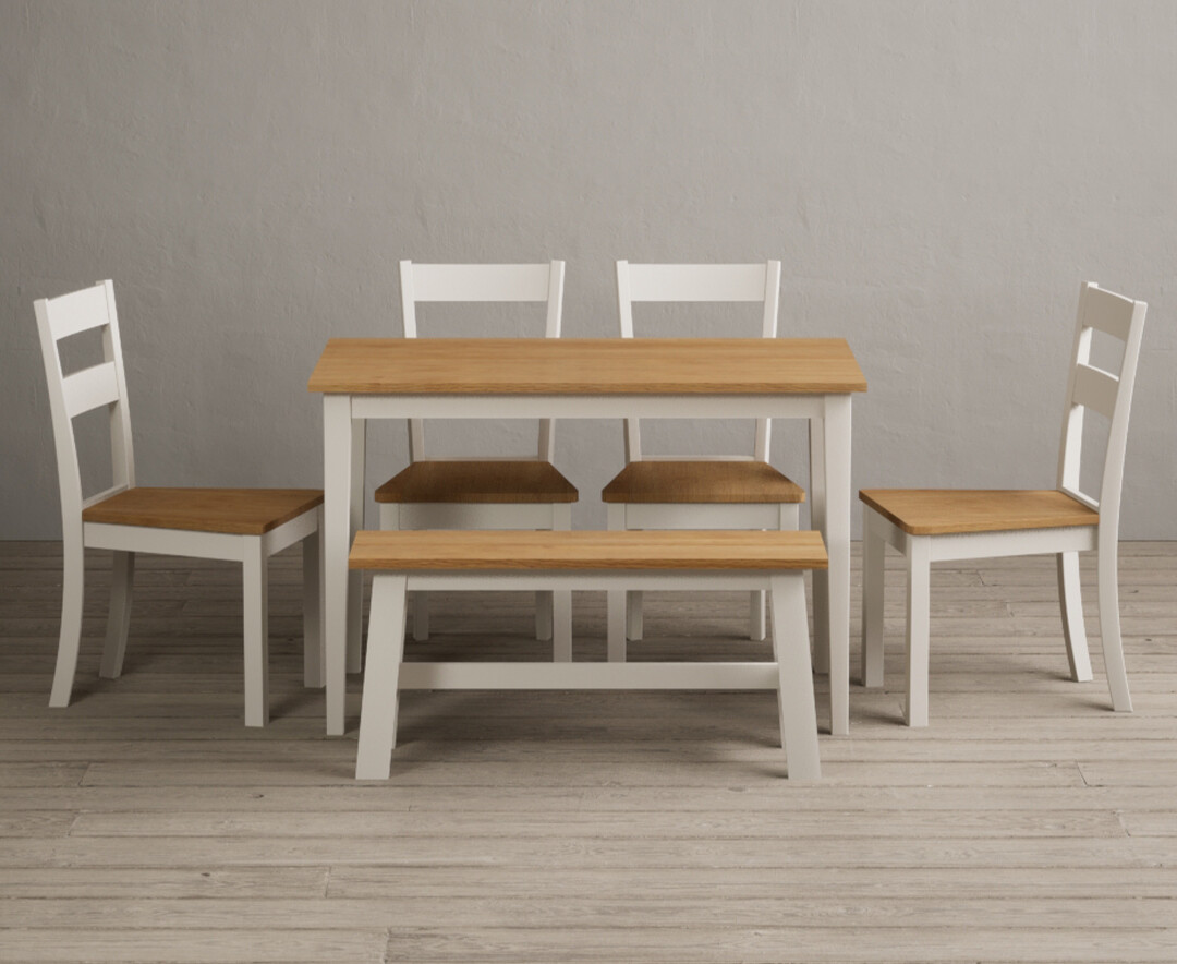 Product photograph of Kendal 115cm Solid Oak And Cream Painted Dining Table With 2 Light Grey Kendal Chairs With 1 Cream Bench from Oak Furniture Superstore
