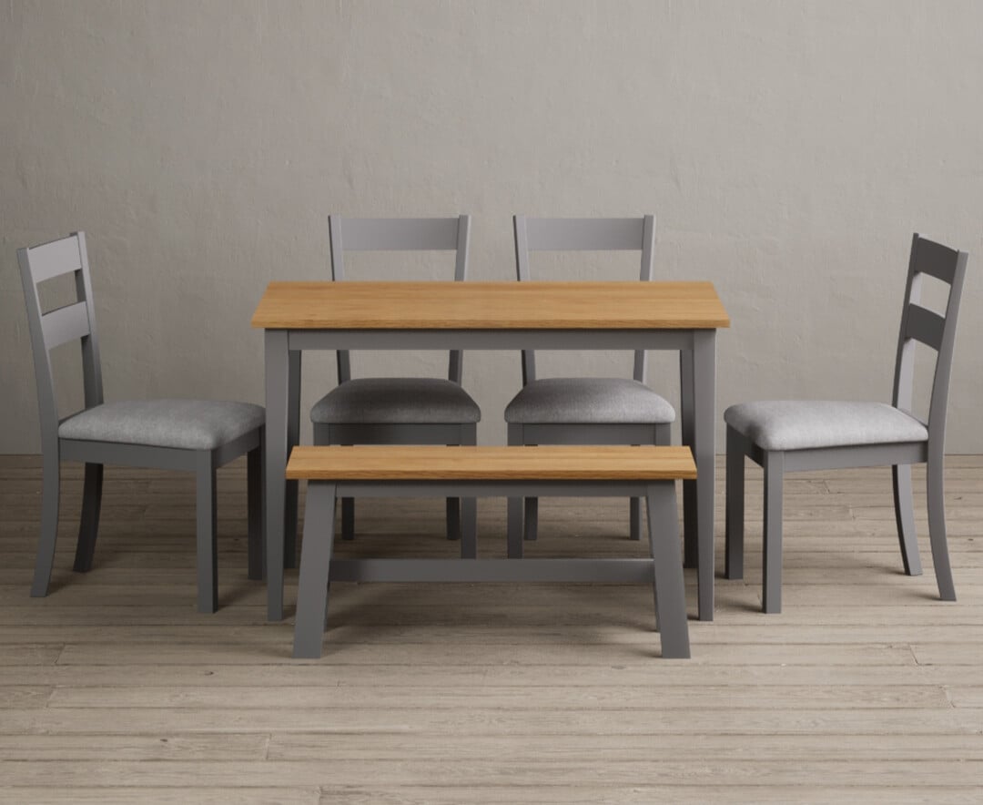 Product photograph of Kendal 115cm Solid Oak And Light Grey Painted Dining Table With 4 Light Grey Kendal Chairs With 2 Grey Benches from Oak Furniture Superstore