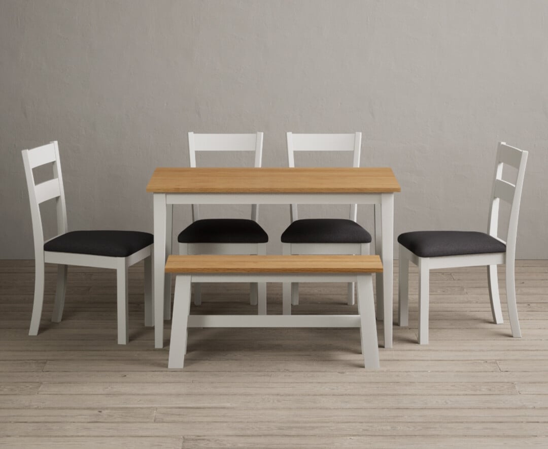 Product photograph of Kendal 115cm Solid Oak And Signal White Painted Dining Table With 2 Oak Kendal Chairs With 1 White Bench from Oak Furniture Superstore