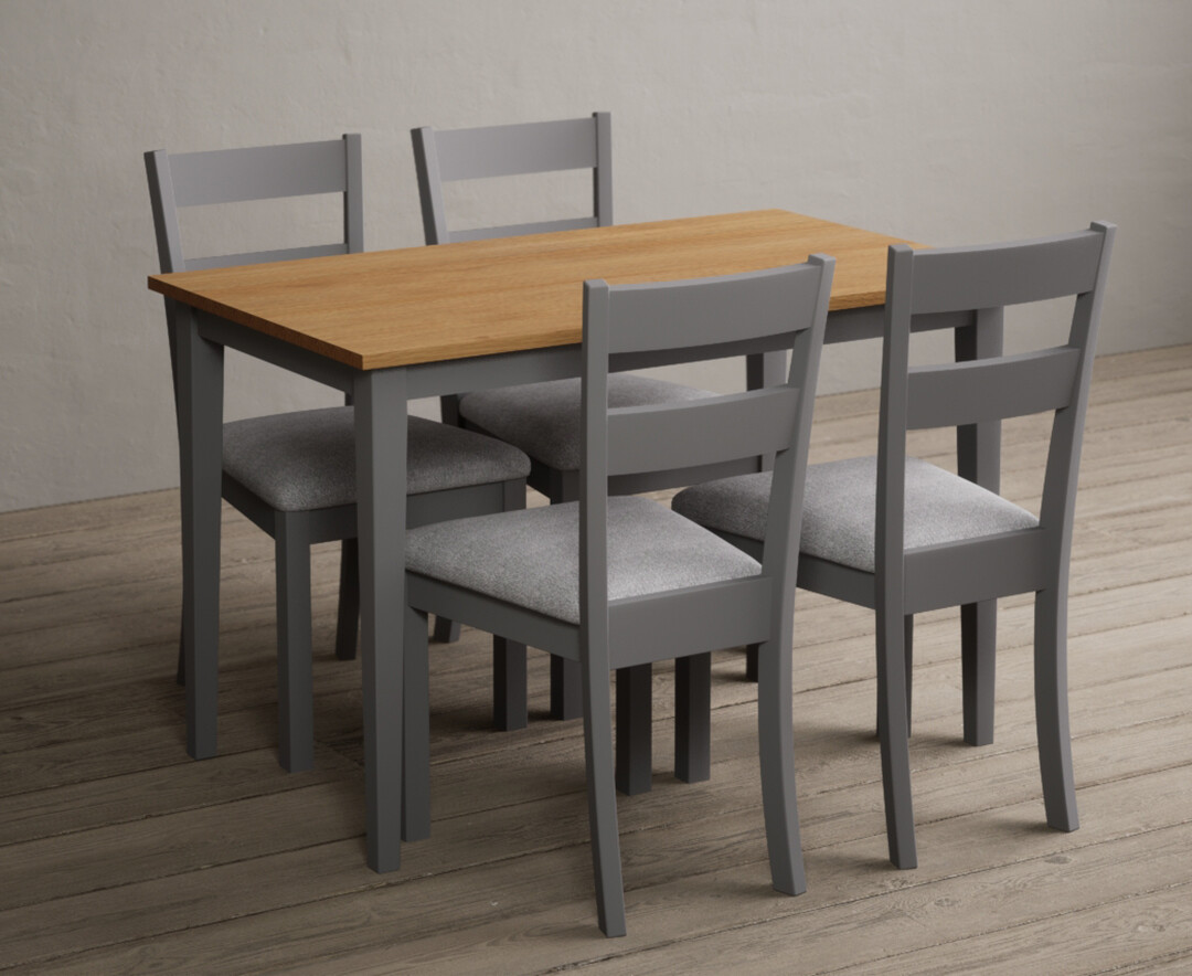 Photo 2 of Kendal 115cm solid oak and light grey painted dining table with 4 blue kendal chairs