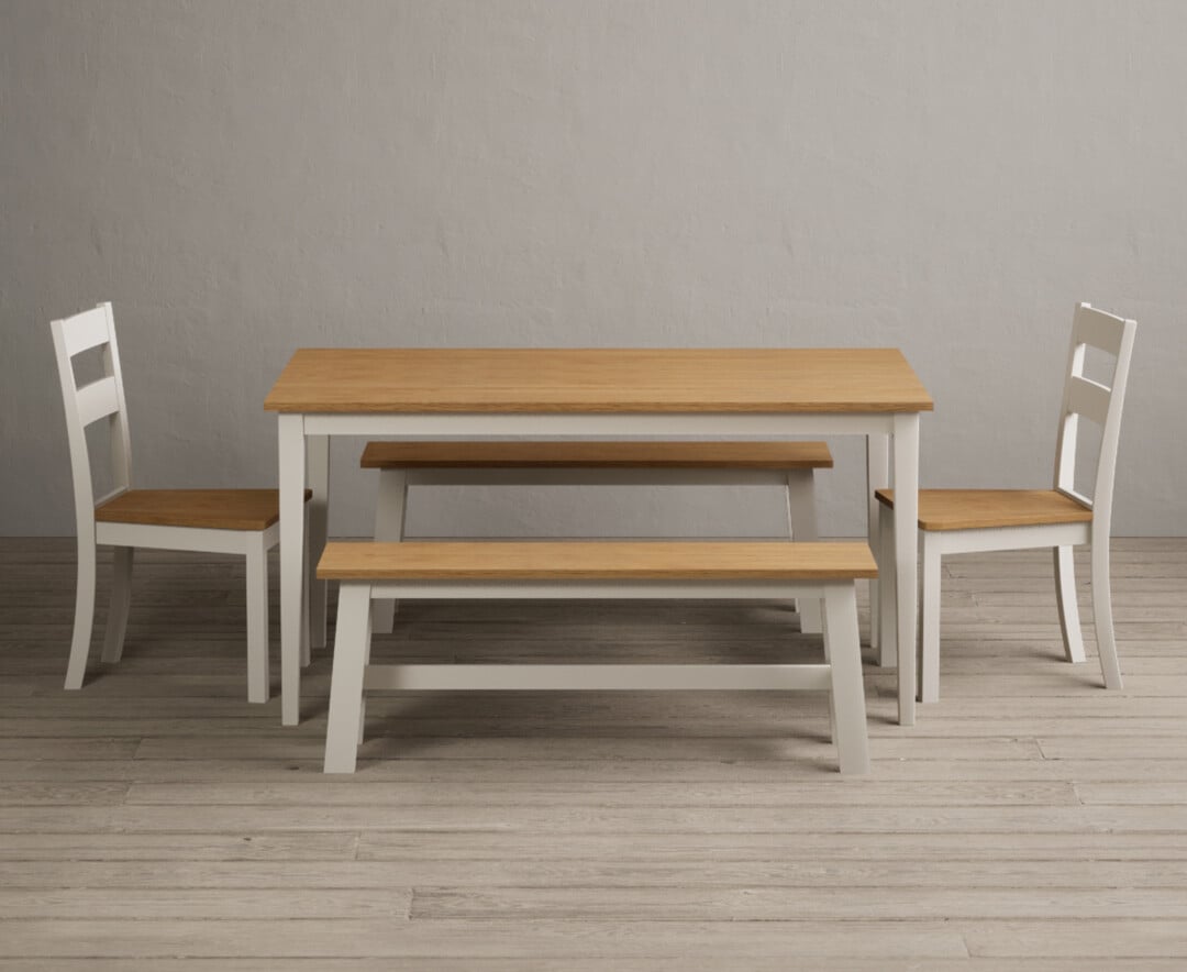 Product photograph of Kendal 150cm Solid Oak And Cream Painted Dining Table With 2 Brown Kendal Chairs With 2 Cream Benches from Oak Furniture Superstore