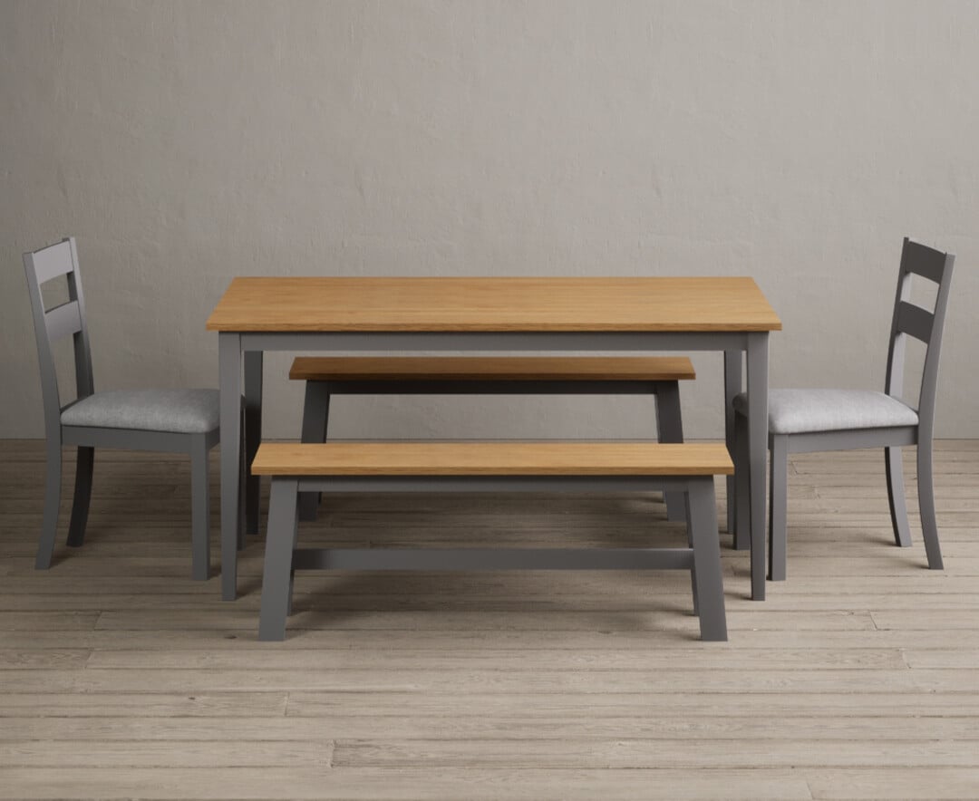 Product photograph of Kendal 150cm Solid Oak And Light Grey Painted Dining Table With 2 Oak Kendal Chairs With 2 Grey Benches from Oak Furniture Superstore