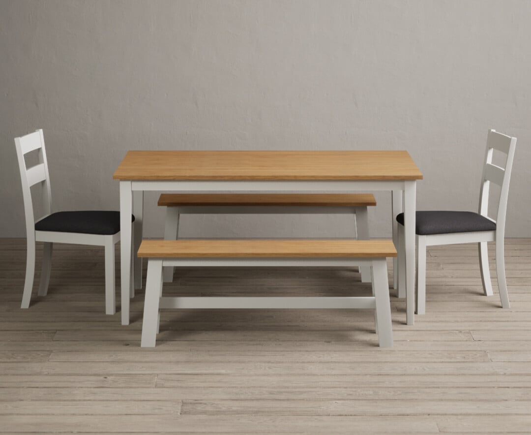 Product photograph of Kendal 150cm Solid Oak And Signal White Painted Dining Table With 4 Blue Kendal Chairs With 2 White Benches from Oak Furniture Superstore