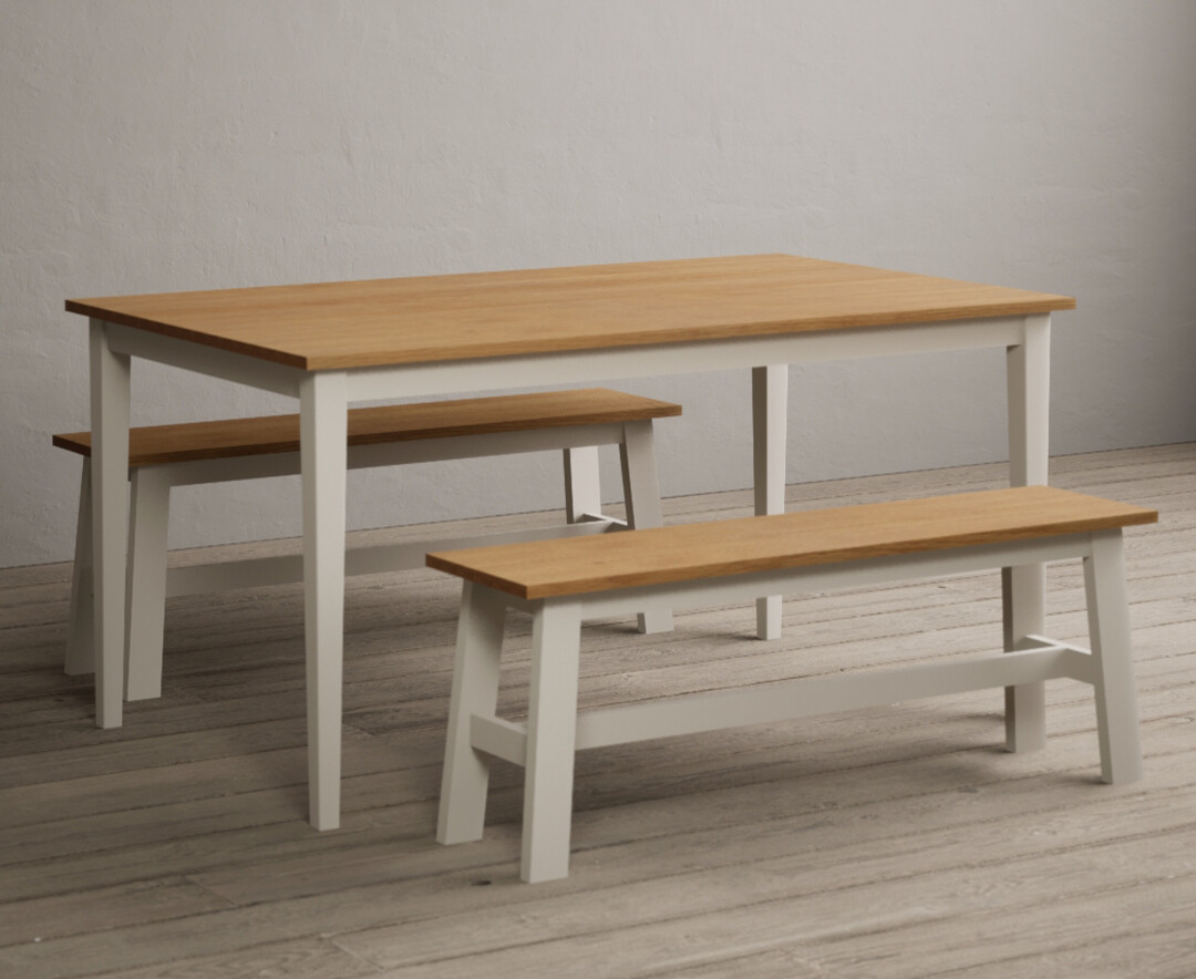 Product photograph of Kendal 150cm Solid Oak And Cream Painted Dining Table With 2 Cream Benches from Oak Furniture Superstore