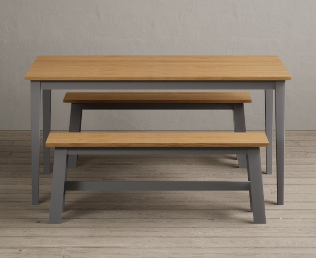 Product photograph of Kendal 150cm Solid Oak And Light Grey Painted Dining Table With 2 Kendal Benches from Oak Furniture Superstore