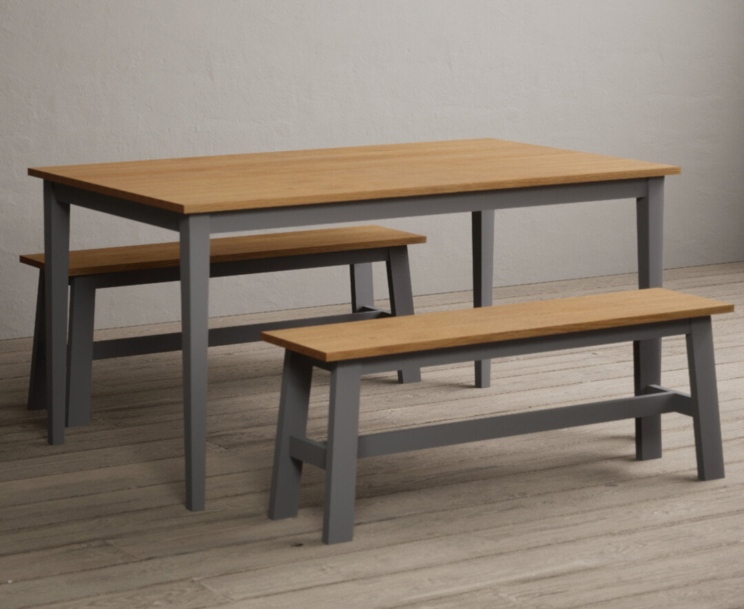 Product photograph of Kendal 150cm Solid Oak And Light Grey Painted Dining Table With 2 Grey Benches from Oak Furniture Superstore