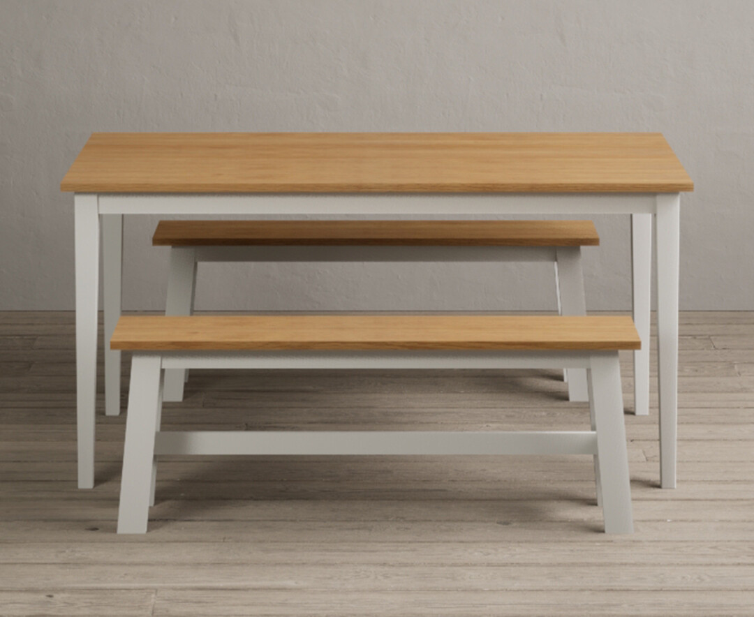 Product photograph of Kendal 150cm Solid Oak And Signal White Painted Dining Table With 2 Kendal Benches from Oak Furniture Superstore