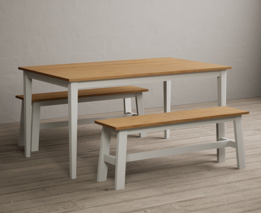 Product photograph of Kendal 150cm Solid Oak And Signal White Painted Dining Table With 2 White Benches from Oak Furniture Superstore