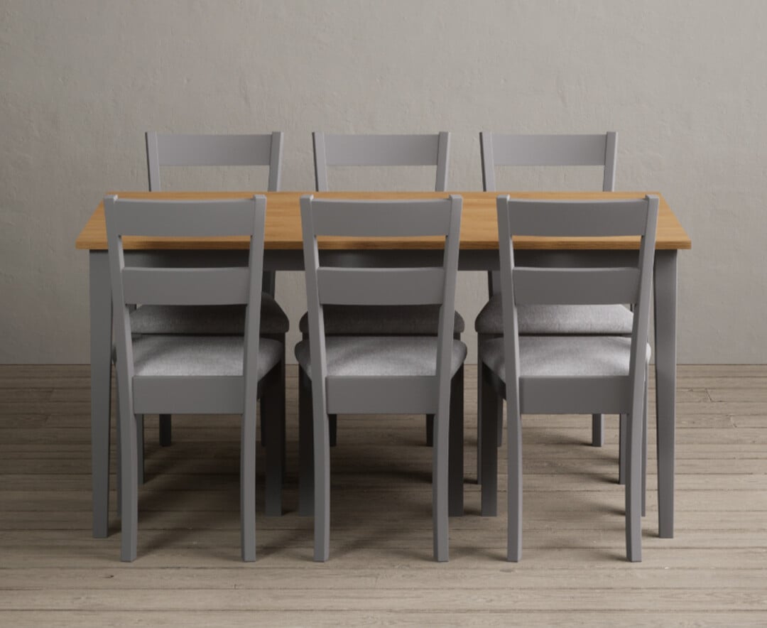 Product photograph of Kendal 150cm Solid Oak And Light Grey Painted Dining Table With 8 Linen Kendal Chairs from Oak Furniture Superstore